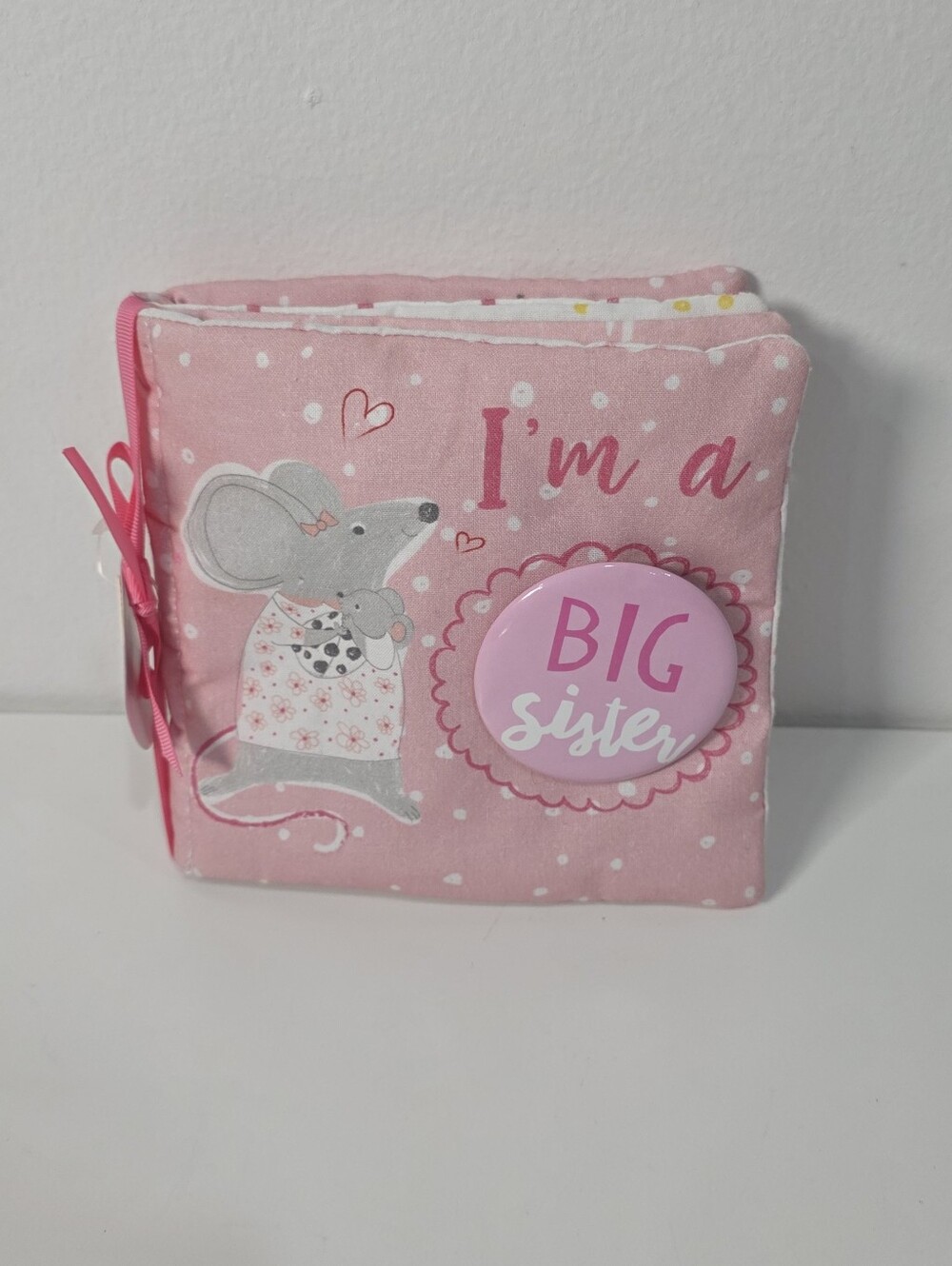 Mud Pie Pink "I'm a Big Sister" Soft Baby Cloth Book With Pin